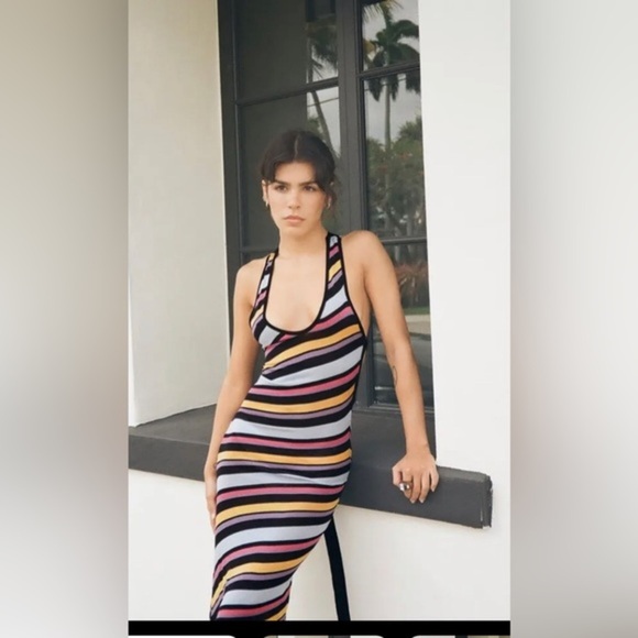 ZARA black‎ Yellow diagonal striped back laceup KNIT maxi DRESS size medium new - Picture 3 of 7